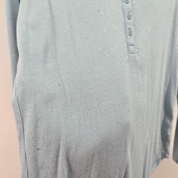 Baby Blue Y2K Glitter Henley Top Size LG Casual Cozy Comfy Lounge Basic Layer - Picture 2 of 8